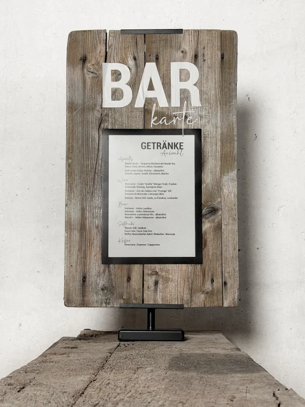 Holzschild "Barkarte" auf Standfuß mit Magnetrahmen