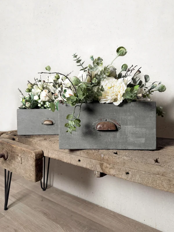 Vintage Holzschublade mit Textilblumengesteck 2-er Set